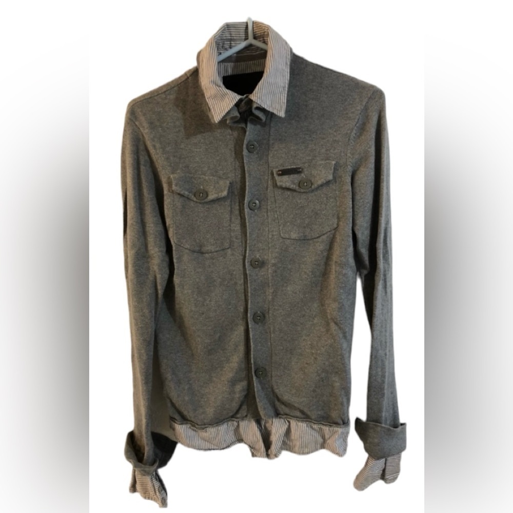 Projek Raw Button up Grey Sweater with Fooler shirt underneath. Unisex SMALL